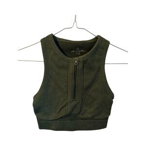 Offline By Aerie Olive Green Ribbed Fitted Zip Crop Tank Top Size Small